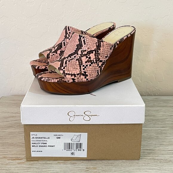Jessica Simpson Sandals 6 Shantelle Pink Reptile Python Platform Wedge Slides - Picture 1 of 12